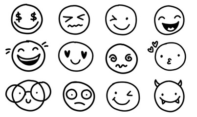 Hand drawn face smile icon line people face emotions set in doodle scribble pencil marker style hand drawn 