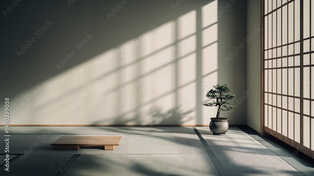 Poster a minimalist indoor setting featuring a wooden platform on a textured floor with shadows cast from a