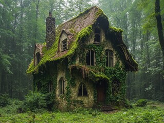 Enchanted forest house overgrown with moss and ivy, resembling a fantasy or fairytale setting deep in the woods.
