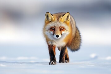 Fototapeta premium A fox walks gracefully across a snowy landscape, showcasing its beautiful fur and keen expression in a serene winter setting.