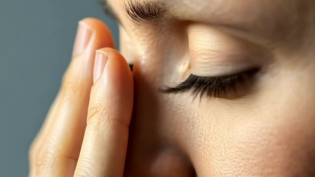 Close up of a woman touching her nose, possibly experiencing sinus pain, recovering from rhinoplasty, or checking for imperfections, highlighting skincare and beauty concerns