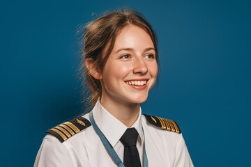 beautiful female pilot in her uniform smiling confidently
