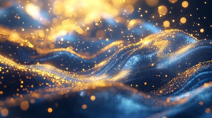 Soft glowing blue currents merging with golden particles forming a radiant abstract pattern