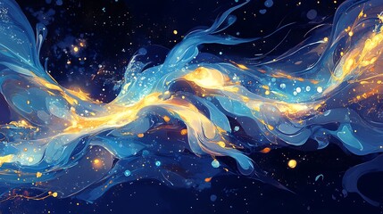 Soft glowing blue currents merging with golden particles forming a radiant abstract pattern