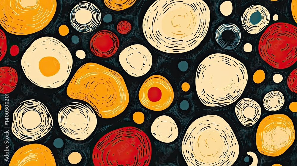 Poster playful circular forms composition with stylized textures on dark backdrop