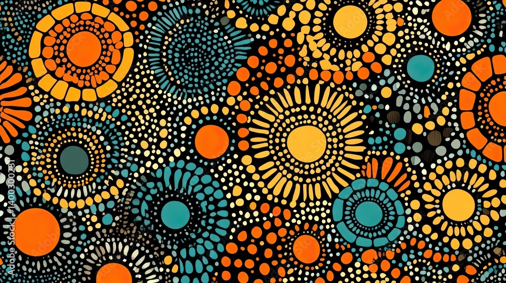 Poster vibrant abstract background with intricate circular dotwork patterns in earthy tones