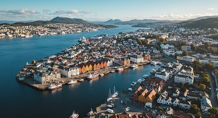 Obraz premium Coastal Cityscape: Vibrant Harbor, Majestic Fjord AI Generated