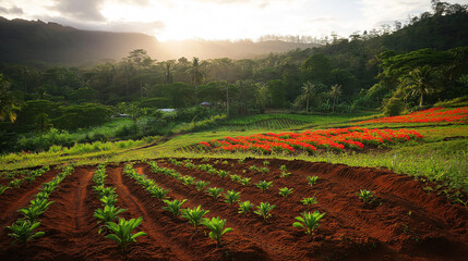 Rural farm landscape young green crops rows red flower field 