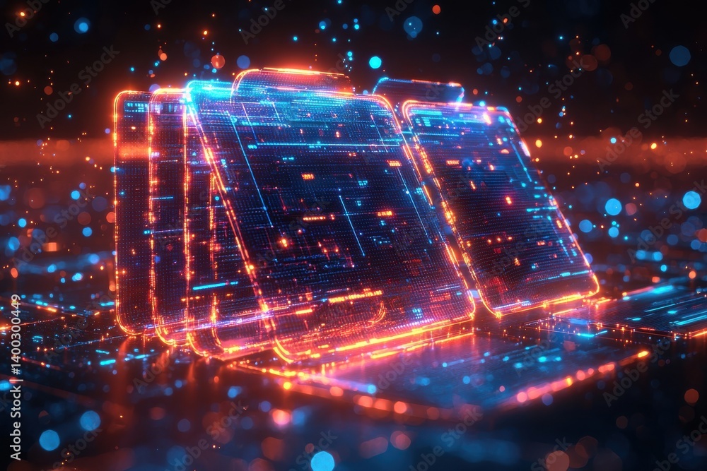 Poster abstract data security representation with digital nodes and light effects