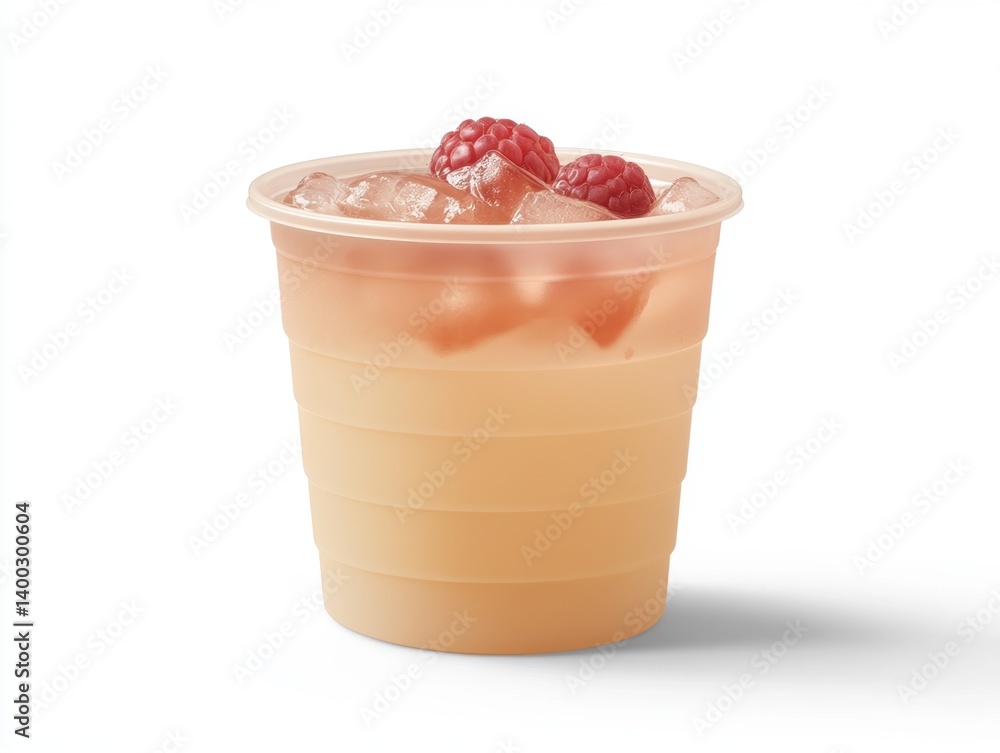 Poster refreshing raspberry lemonade in a plastic cup with ice cubes and two fresh raspberries against a wh