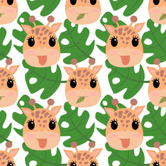 Cute cartoon giraffe heads with spots and small horns, some with tongues out, against a backdrop of green monstera leaves on a white background. Seamless pattern.