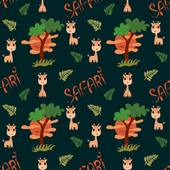 Cute giraffe and acacia tree pattern with "Safari" script, sun, and leaf details on a soft blue background. Playful African adventure design. Vector repeat.