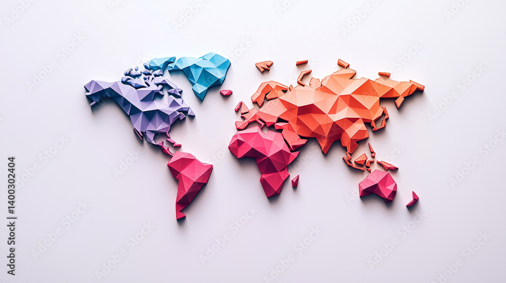 Poster modern world map design created with polygonal shapes in vibrant colors representing continents and 