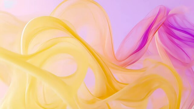 Flowing pastel swirls of yellow, pink, and violet form an ethereal abstract design, blending seamlessly like silky fabric or liquid clouds. The dynamic movement and soft hues create a dreamlike visual