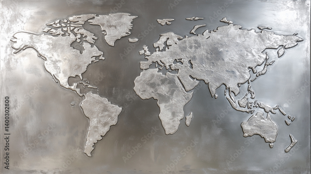 Poster sleek silver world map showcasing continents and oceans with a modern design and textured details on