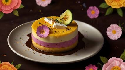  A vibrantly colorful illustration of a delectable paneer-based dessert, with an artistic blend of creamy whites, golden yellows, and soft pinks, set against a rich, dark brown background that evokes 