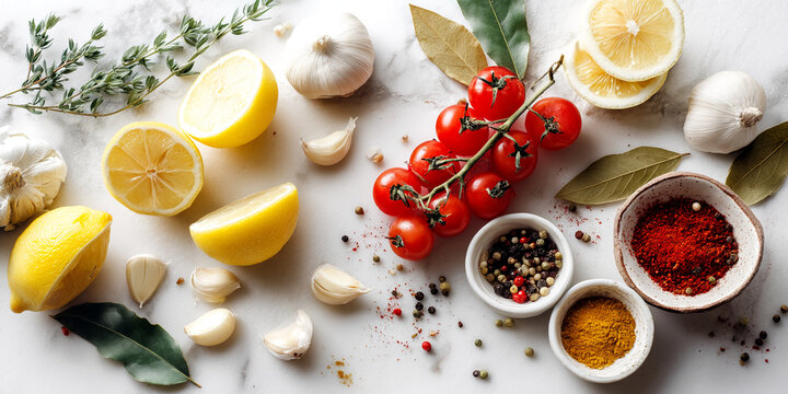 Flatlay showcasing lemons, garlic, tomatoes, thyme, bay leaves, and assorted spices on a marble surface, representing fresh ingredients for cooking or a culinary theme