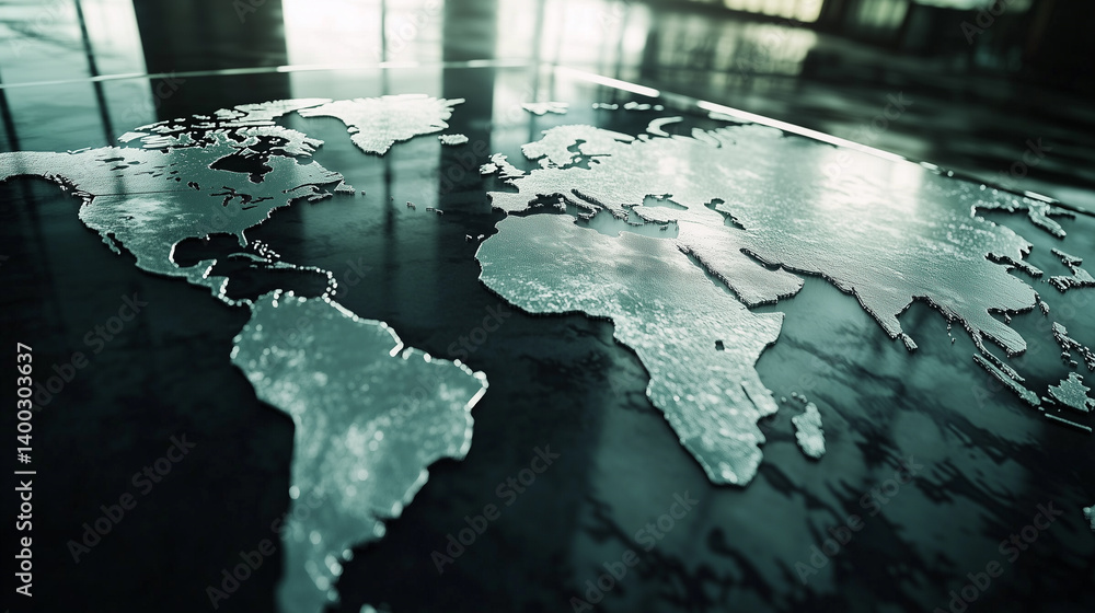 Poster shiny world map etched into a reflective surface showcasing global geography and design elements