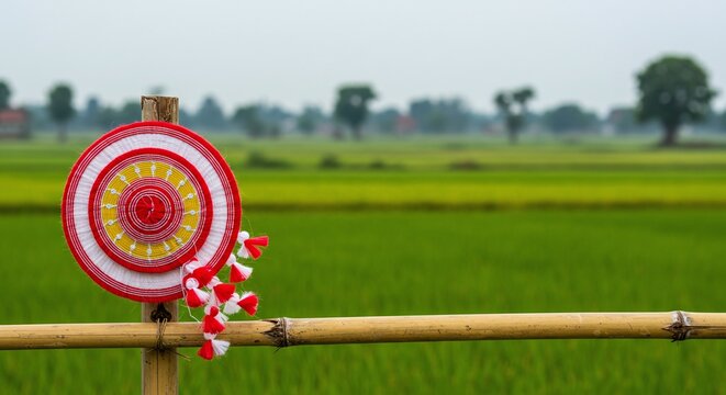 Assamese traditional japi hanging on bamboo in green paddy field symbolizing Rongali Bihu culture and nature connection.