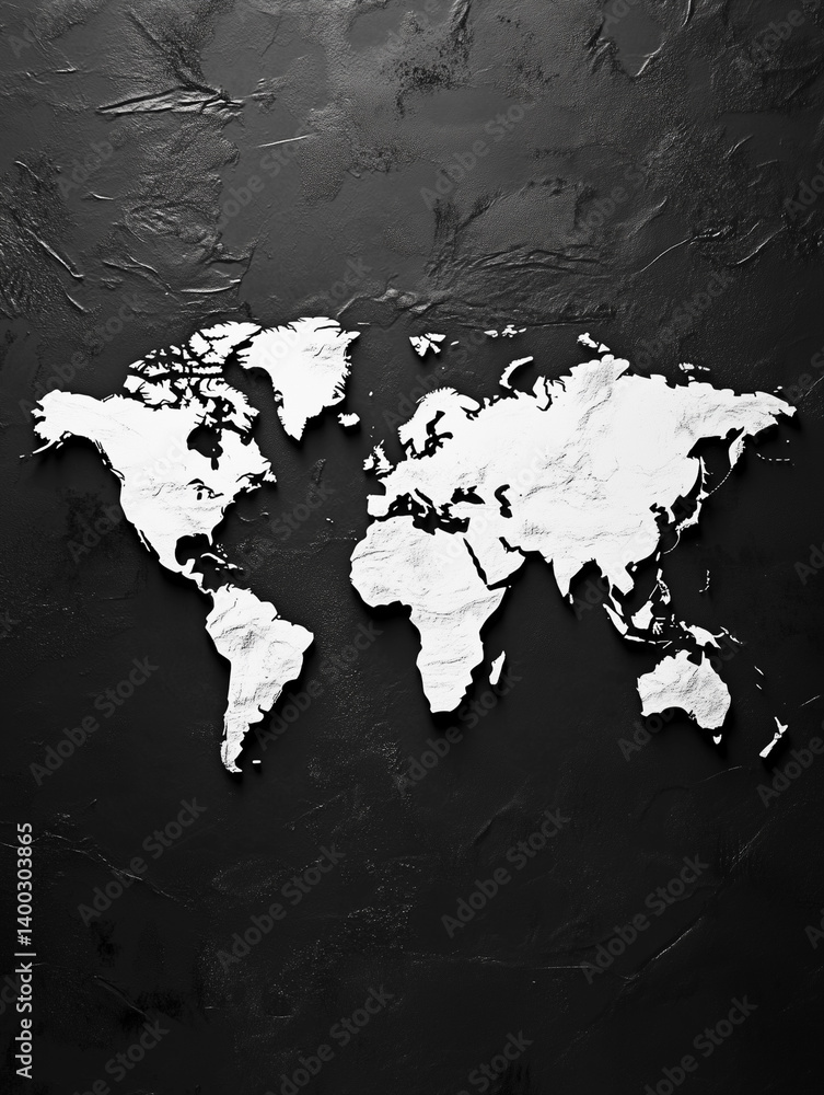 Poster world map in high contrast monochrome style showcasing geographic features and locations across the 