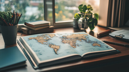 Exploring global geography with a detailed world map on a desk accompanied by books and plants in a sunny environment