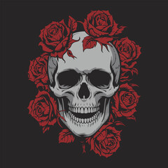 Gothic Skull with Red Roses Vector Illustration 