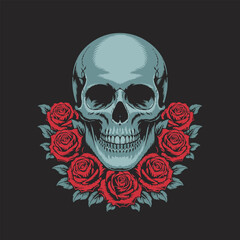 Gothic Skull with Red Roses Vector Illustration 