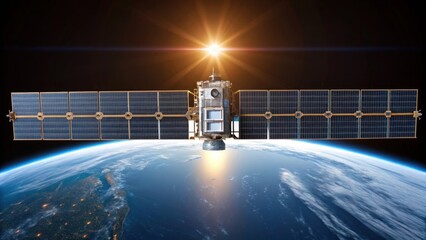 Satellite Orbiting Earth in Outer Space with Sunrise