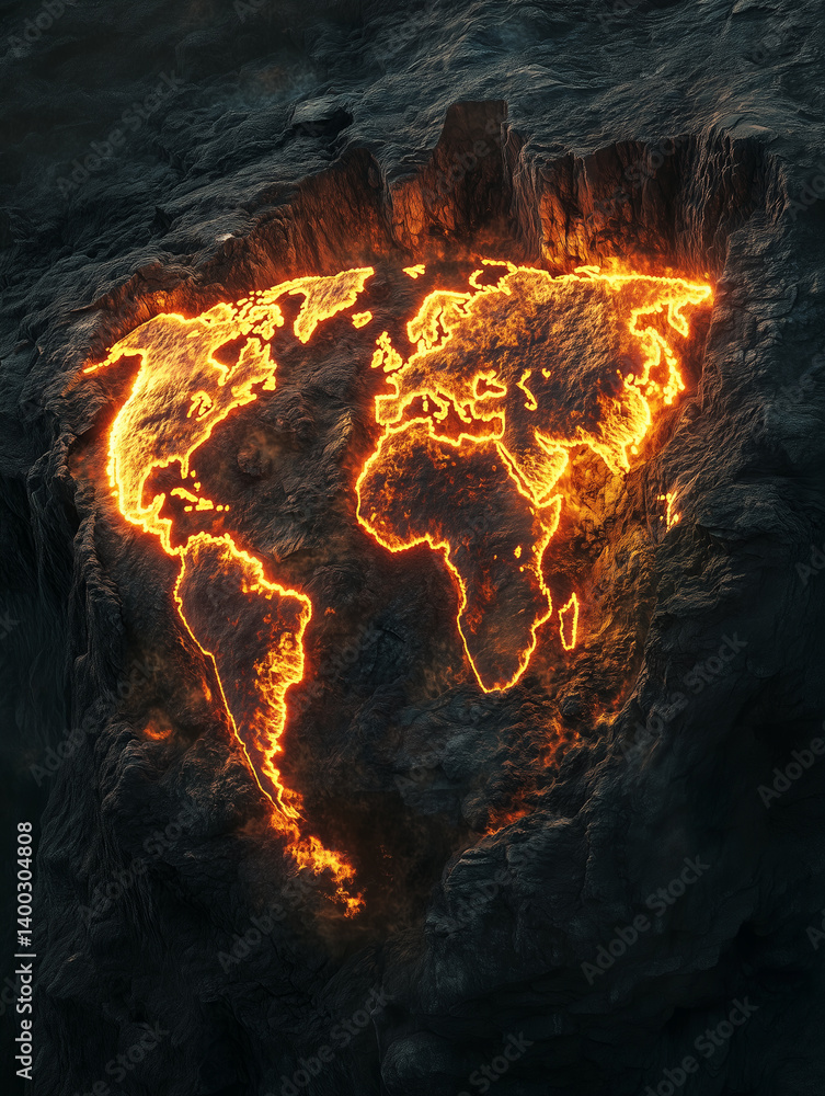 Poster world map outlined in fire glowing on a rocky surface creating an intense and captivating visual imp