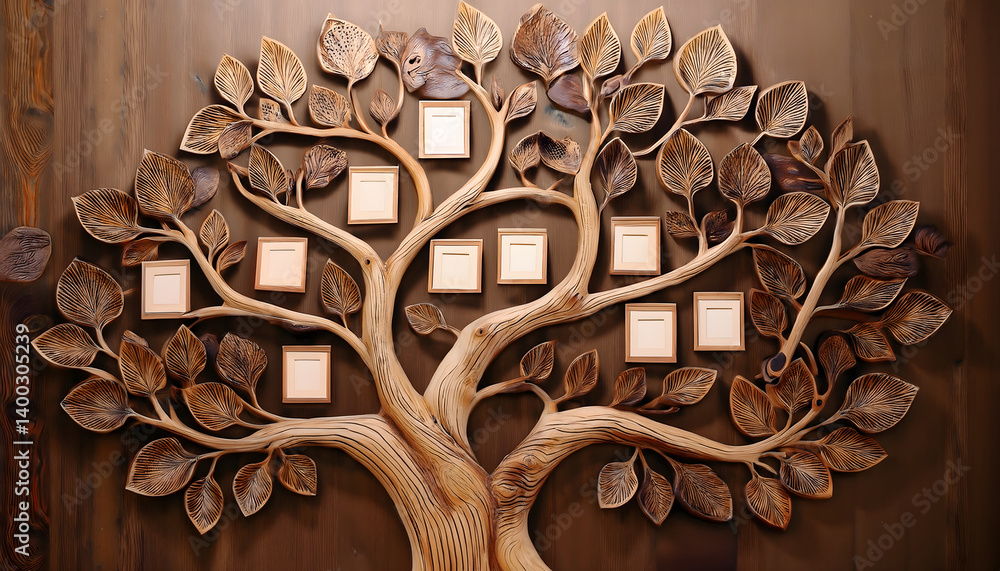 Poster decorative tree sculpture with empty frames for photos