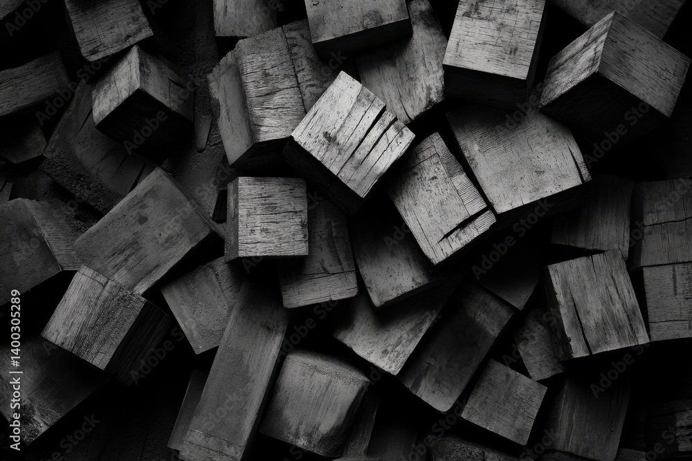 Poster monochrome composition of stacked wooden blocks showcasing texture and contrast in a dark setting fo