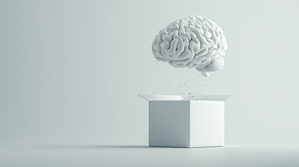 A white brain hovers above an open box, symbolizing creativity, ideas, and the emergence of thoughts.