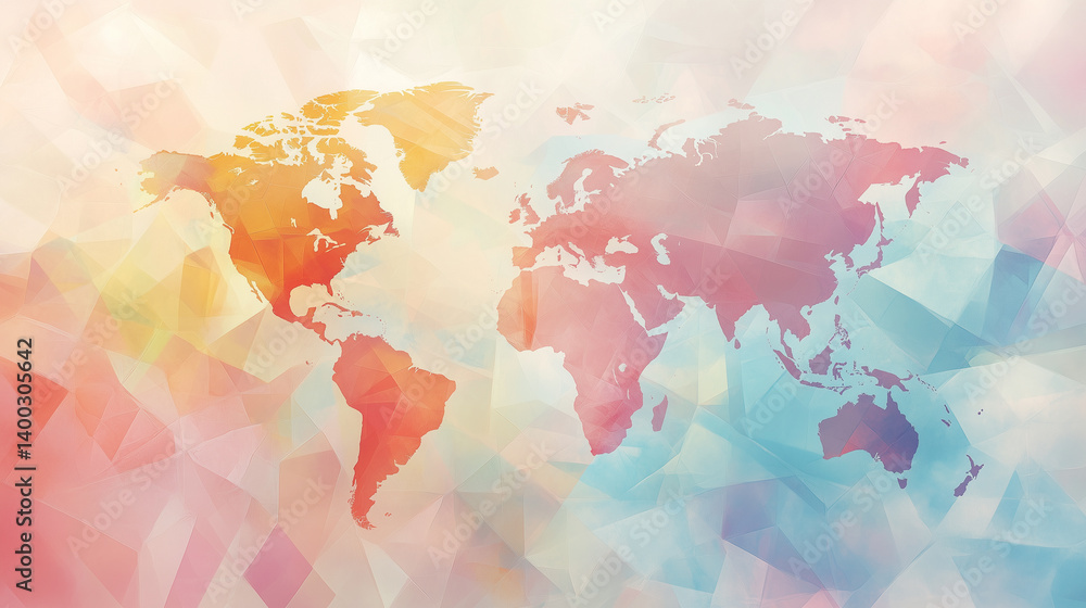 Poster abstract overlapping world map with vibrant colors showcasing global diversity and artistic represen