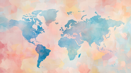 Colorful abstract world map design with overlapping layers and soft hues, ideal for creative projects and educational materials