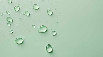 Water droplets on pale mint textured paper, photographed with soft side-lighting for enhanced surface texture, clean composition