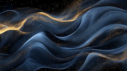 Elegant abstract design featuring smooth blue waves infused with golden dust on black