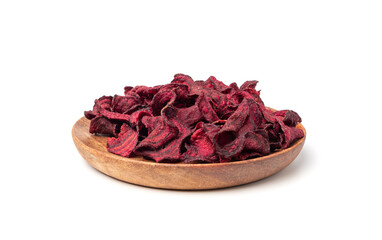 Dry beetroot chips isolated, dried sliced red beet flakes pile, beet root pieces and chips