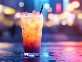 Creamy Thai milk tea with color gradient in tall glass, street-style background