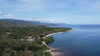 Aerial view of coastal landscape with mangroves and ocean in Dili, Timor-Leste, Southeast Asia