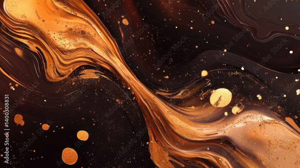 Poster abstract fluid art with golden swirls and dark brown waves creating a luxurious and elegant backgrou