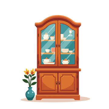 Wooden display cabinet with china and flowers in a vase  