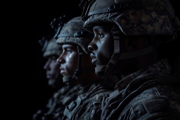 Profile portraits of soldiers in helmets, camouflage uniform during joint military exercises. Diverse troop of military men standing together, side by side, united by partnership.