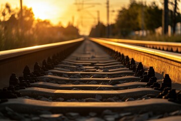Fototapeta premium Railway track at sunset, golden hour. Railroad stretching into the distance, scenic view with vibrant sky. Travel concept, journey, freedom, transit, transportation, tourism, vacation. 