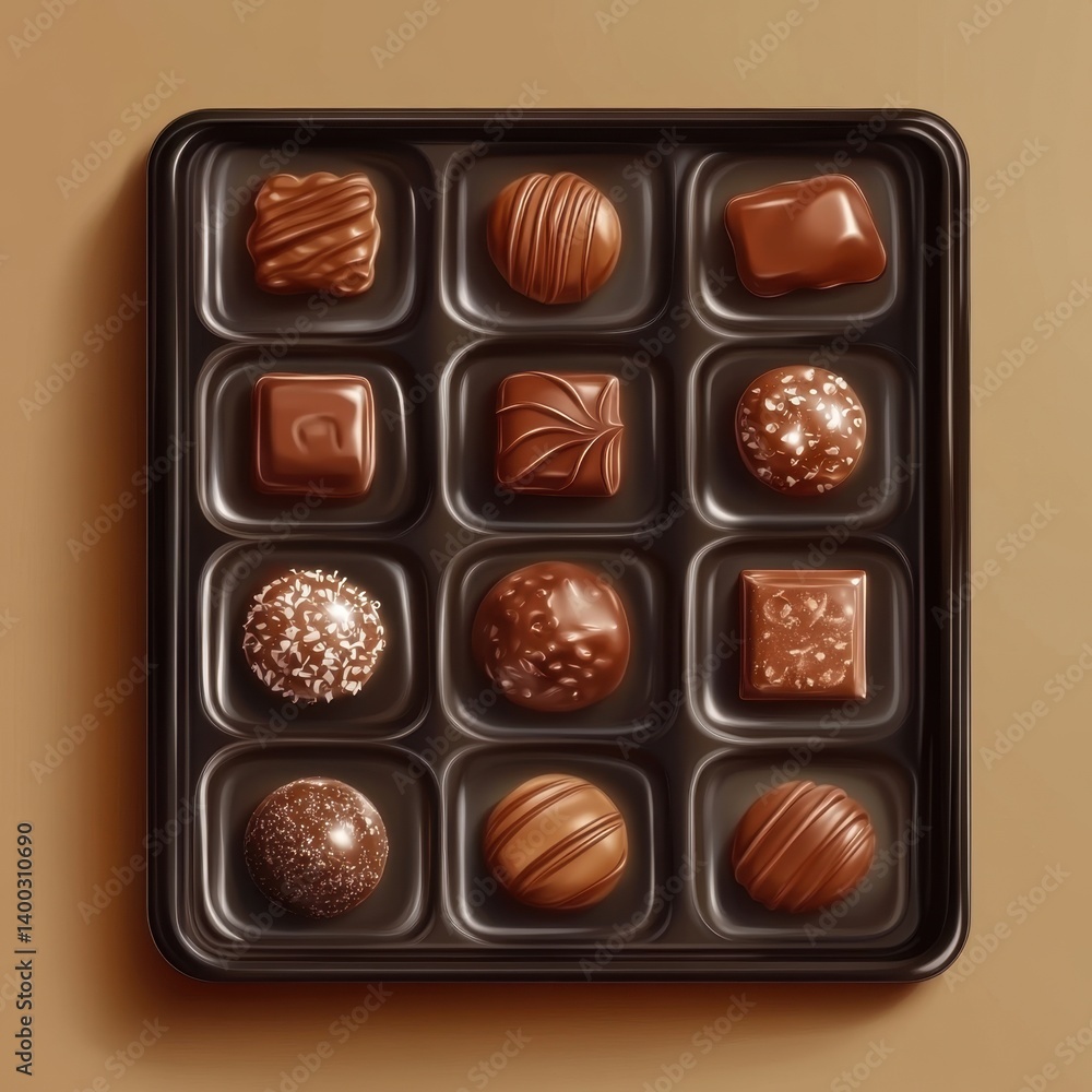Poster assorted chocolate box with various flavors and toppings on a brown background with a top down view 