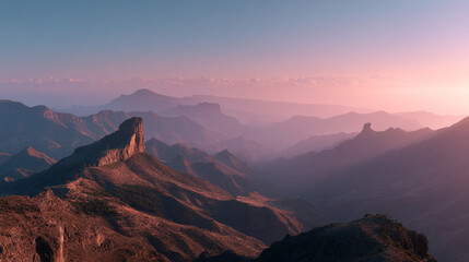 Aerial view of mountain range with a pink and blue sky at sunset creating a serene landscape scene