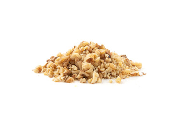 Grated wallnut , broken roasted walnuts, heap of nuts crumbs, whole kernel pieces, fractions