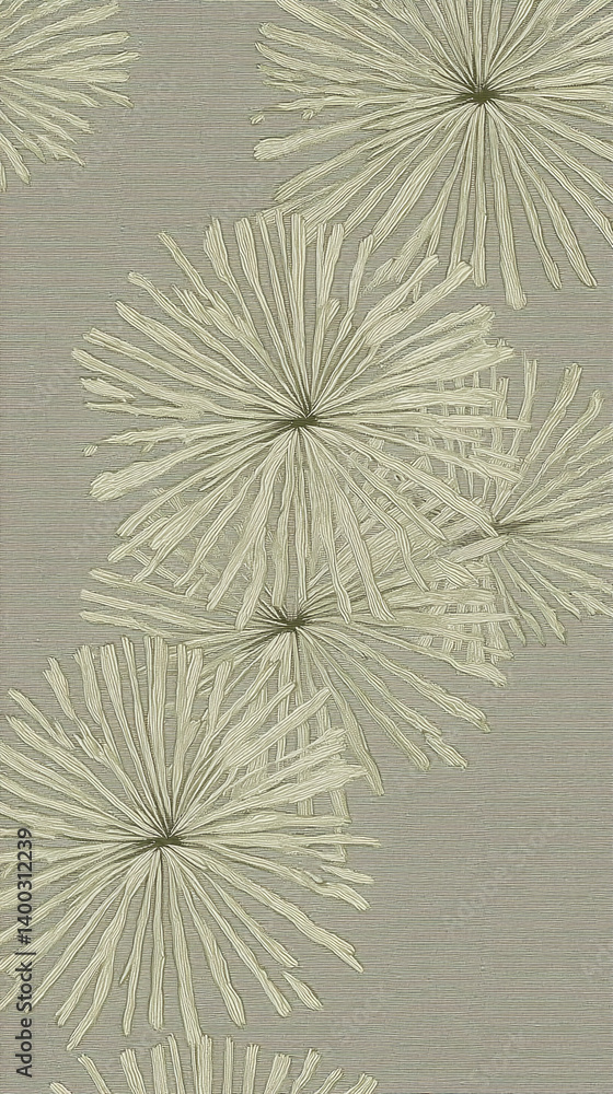 Poster textured beige background with embossed, radiating floral patterns resembling stylized sunbursts, cr