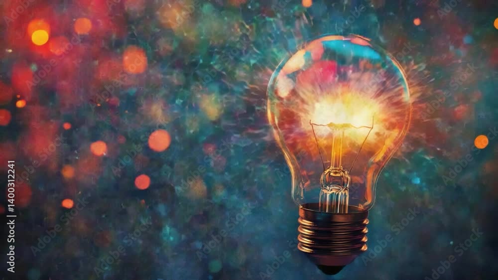 Poster bright lightbulb illuminating colorful bokeh background in creative abstract art composition