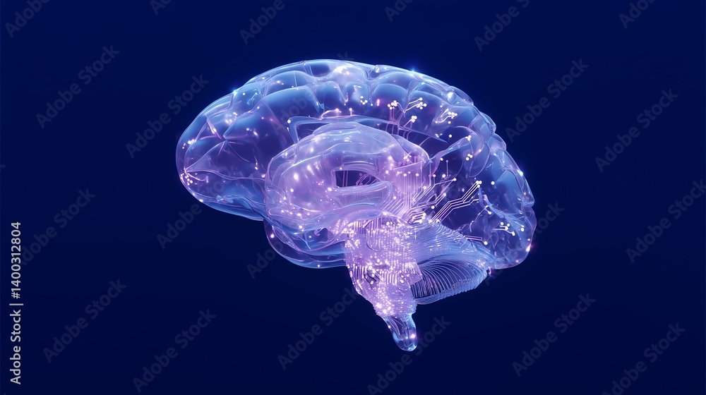Poster digital representation of a human brain with glowing neural connections on a blue background