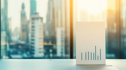 Modern white box with blue graph design placed on a table against a backdrop of a city skyline at sunset, creating an atmosphere of business innovation and technological advancement